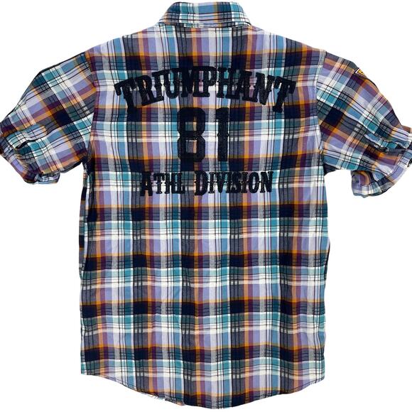 Raw Blue Button Up Shirt Men Size M Blue Purple Short Sleeves Cotton Blend Y2K - Picture 1 of 6